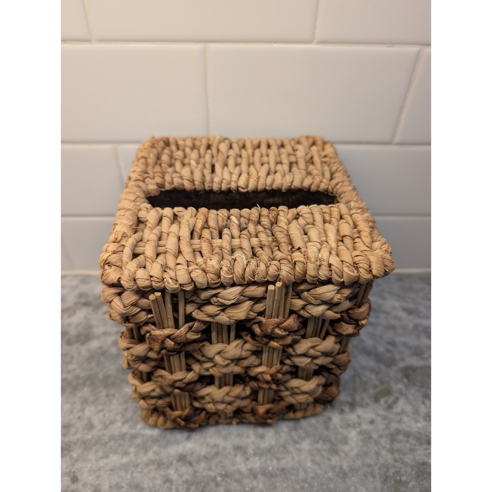 Vintage Rattan Brown Wicker Basket Woven Square Tissue Box Cover